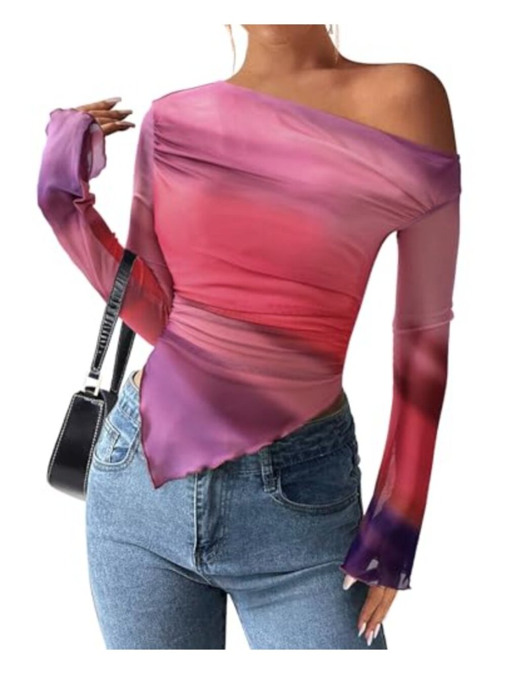 Womens Off Shoulder Mesh Blouse Long Sleeve Slim Fit Y2K Ruched Tie Dye Top